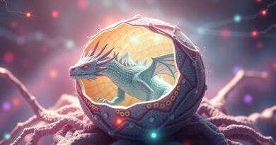 Smocze jajo w sieci neuronowej, embrionalne struktury mózgowe, bioluminescencja, połączenie biologii i technologii.