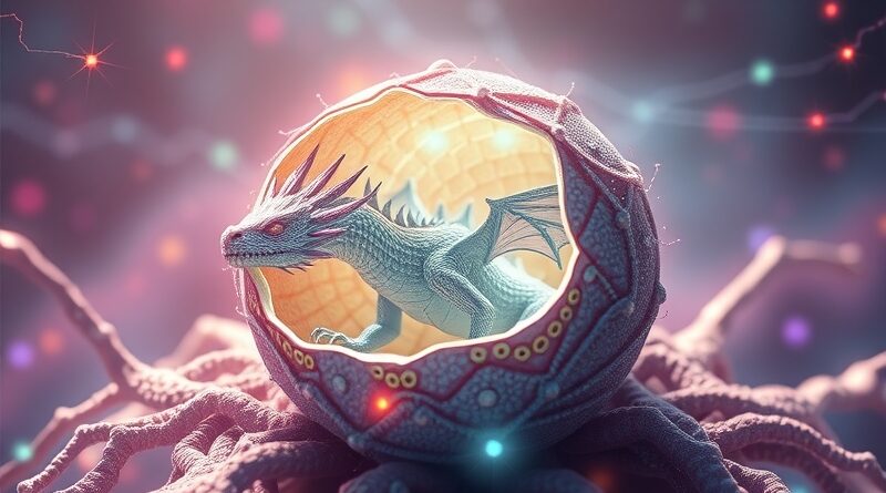 Smocze jajo w sieci neuronowej, embrionalne struktury mózgowe, bioluminescencja, połączenie biologii i technologii.