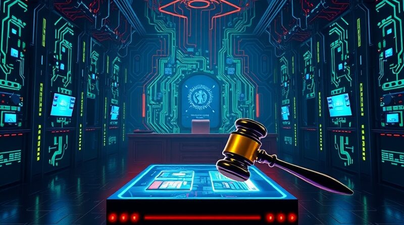 Sala sądowa jako labirynt obwodów, kod i błędny młotek sędziowski. Cyberpunkowa wizja sprawiedliwości wspomaganej AI.