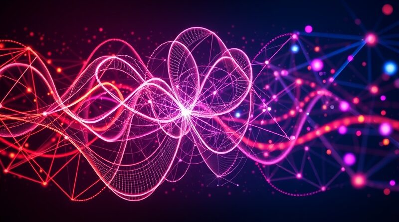 Abstrakcyjna wizualizacja rozpoznawania mowy: sieci fal dźwiękowych przekształcające się w tekst. Precyzja kontra szybkość.