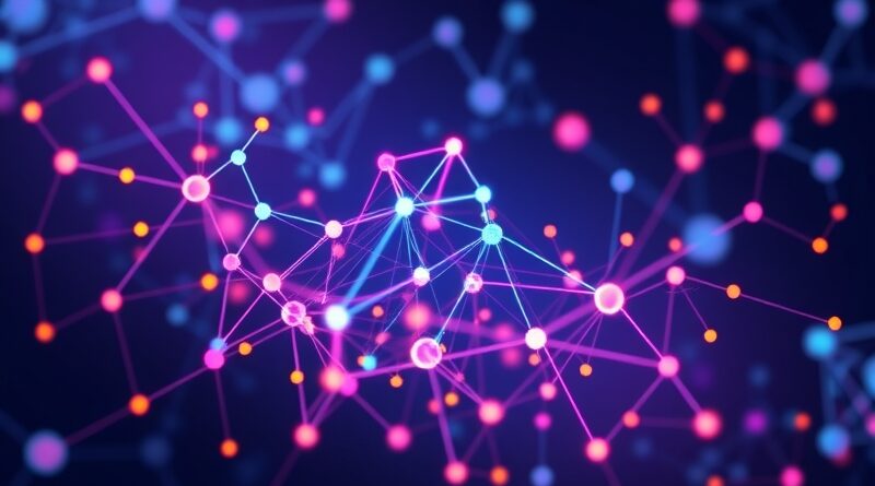 Abstrakcyjna sieć węzłów (firmy AI) łączących się w centralny hub (Prezent), symbolizująca przejęcia i rozwój.