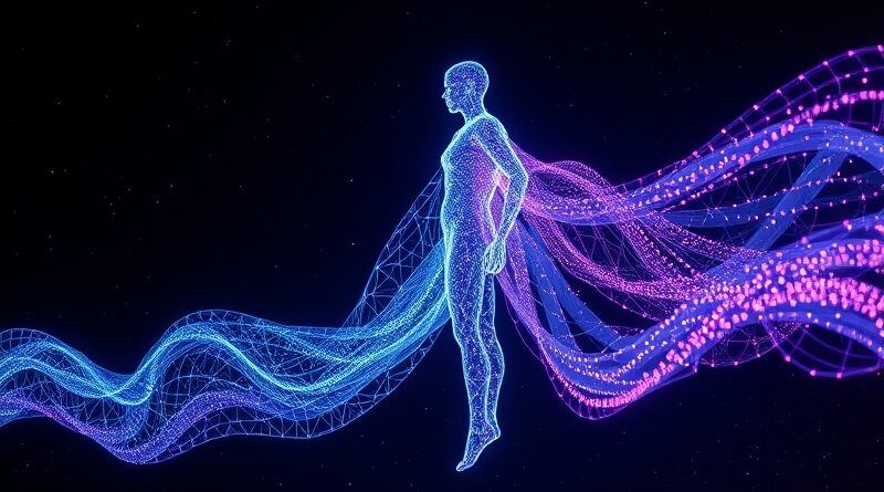 Abstrakcyjna, świetlista postać otulona tkaniną, dynamicznie reagująca na prawa fizyki. AI rozumiejące ruch.