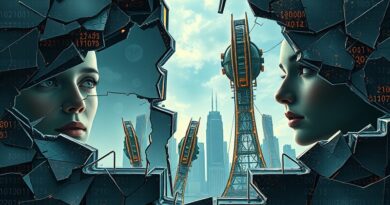 Roztrzaskane lustro odbija futurystyczne miasto i ludzkie twarze, symbolizując brak zaufania do AI.