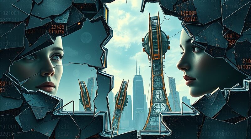 Roztrzaskane lustro odbija futurystyczne miasto i ludzkie twarze, symbolizując brak zaufania do AI.