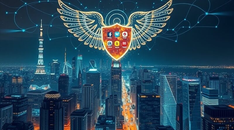 Futurystyczne miasto nocą, strzeżone przez cyfrowego anioła z tarczą ikon aplikacji.