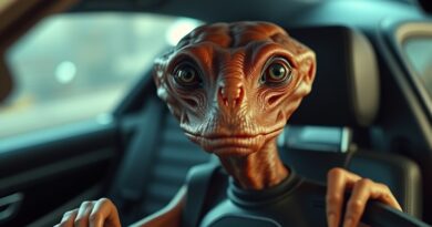 Oślizgły, brązowy kosmita w futurystycznym radiowozie. Hiperrealistyczny detal, mroczny humor, styl Neural Viz.