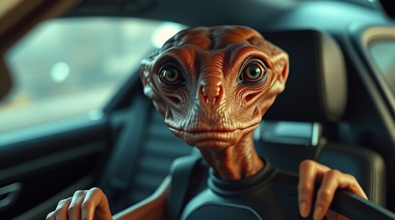 Oślizgły, brązowy kosmita w futurystycznym radiowozie. Hiperrealistyczny detal, mroczny humor, styl Neural Viz.