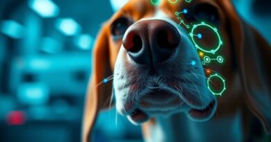 Psi nos z naniesionymi obwodami, symbolizuje połączenie węchu psa i AI w wykrywaniu raka.