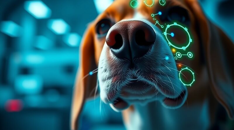 Psi nos z naniesionymi obwodami, symbolizuje połączenie węchu psa i AI w wykrywaniu raka.