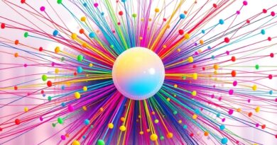 Abstrakcyjna reprezentacja różnorodności informacji z Pyversity: centralna sfera zapytania i wielobarwne wyniki.