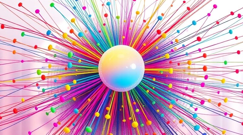 Abstrakcyjna reprezentacja różnorodności informacji z Pyversity: centralna sfera zapytania i wielobarwne wyniki.