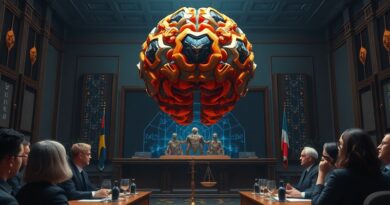 Dramatyczna scena w sądzie: AI mózg na ławie oskarżonych, symbol regulacji sztucznej inteligencji jak RAISE Act.