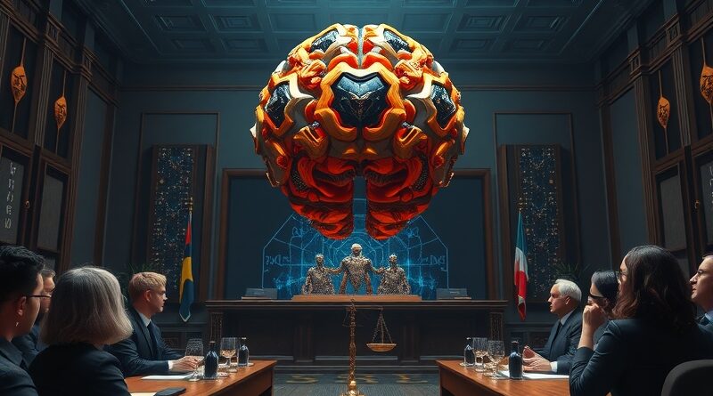 Dramatyczna scena w sądzie: AI mózg na ławie oskarżonych, symbol regulacji sztucznej inteligencji jak RAISE Act.