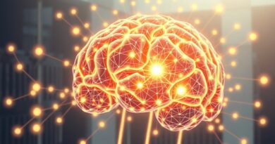 Abstrakcyjna wizualizacja centrum danych. Sieć połączonych węzłów, złote światło symbolizuje przepływ informacji i rozwój infrastruktury AI.