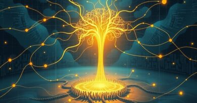 Abstrakcyjna, surrealistyczna biblioteka zbudowana z sieci neuronowych, emanująca złotym światłem wiedzy, z subtelnymi liniami kodu.