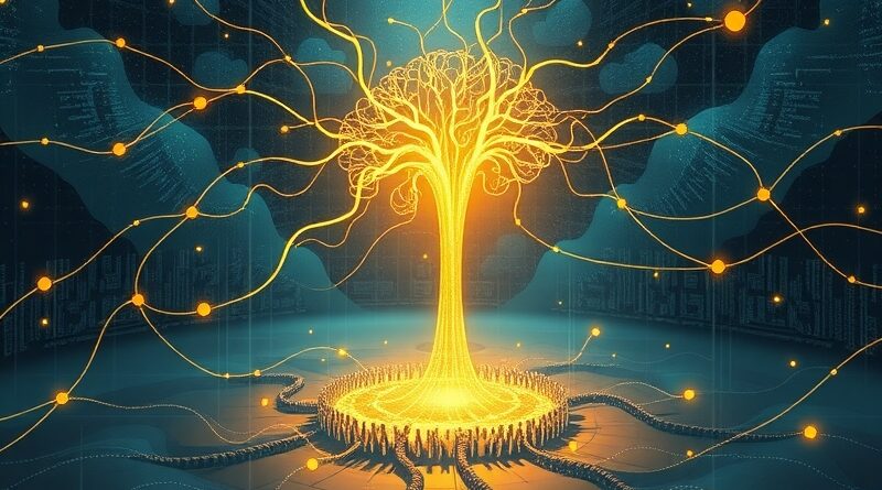 Abstrakcyjna, surrealistyczna biblioteka zbudowana z sieci neuronowych, emanująca złotym światłem wiedzy, z subtelnymi liniami kodu.