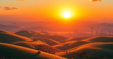 Krajobraz binarny: pagórki i doliny splecione z kodem, data center w blasku wschodu słońca, symbol otwartej AI.