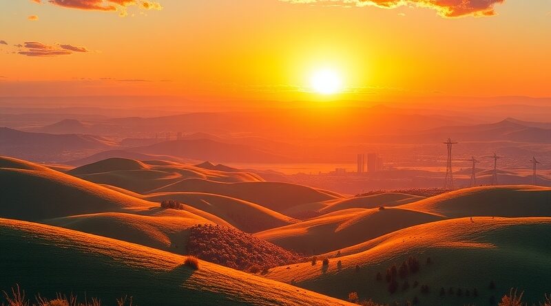 Krajobraz binarny: pagórki i doliny splecione z kodem, data center w blasku wschodu słońca, symbol otwartej AI.