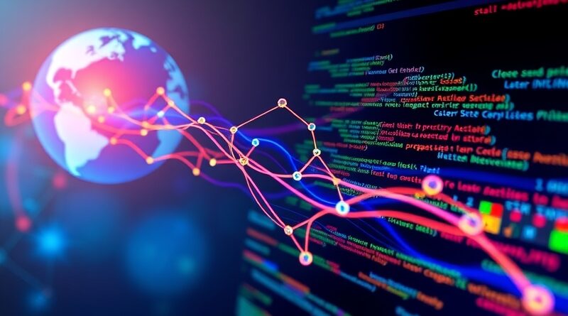 Abstrakcyjna wizja ewolucji kodu, symbole AI i subtelny globus, ilustrujący globalny rozwój Replit.