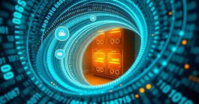 Abstrakcyjna wizja przeszukiwania kodu: binarny wir konwerguje do złotego serwera, symbolizując przyspieszenie wyszukiwania.