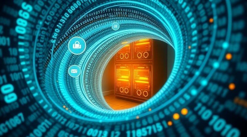 Abstrakcyjna wizja przeszukiwania kodu: binarny wir konwerguje do złotego serwera, symbolizując przyspieszenie wyszukiwania.