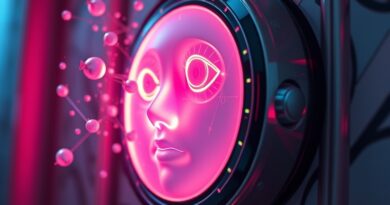 Surrealistyczna wizja dzwonka Ring przekształcającego się w twarz, otoczonego cyfrowymi zwierzętami. Iluzracja AI w stylu art nouveau.