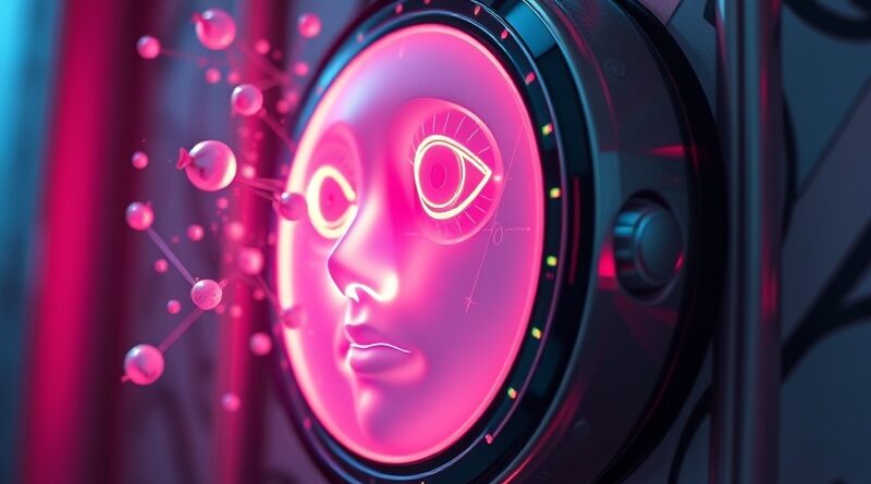 Surrealistyczna wizja dzwonka Ring przekształcającego się w twarz, otoczonego cyfrowymi zwierzętami. Iluzracja AI w stylu art nouveau.