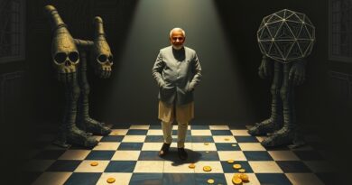 Były premier między Microsoftem a Anthropic, otoczony monetami na szachownicy i płytkach obwodów.