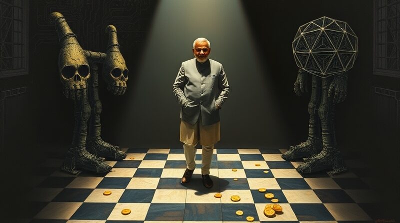 Były premier między Microsoftem a Anthropic, otoczony monetami na szachownicy i płytkach obwodów.