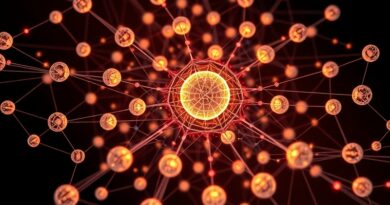 Abstrakcyjna sieć agentów AI, pulsująca światłem i kodem, testowana przez centralny framework Rogue.