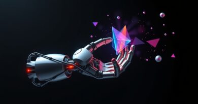 Robotyczne ramię delikatnie manipuluje abstrakcyjnymi, trójwymiarowymi kształtami danych. Przełom w robotyce SPEAR-1.