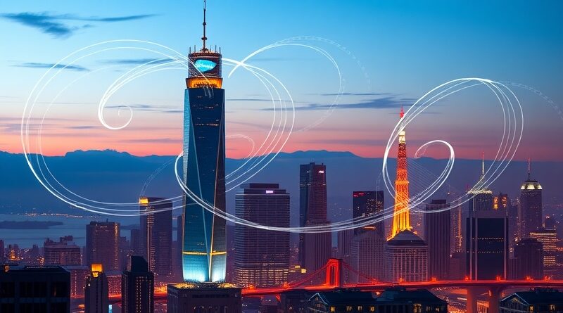 Futurystyczna panorama San Francisco o świcie. Salesforce Tower pulsuje światłem, symbolizując AI.