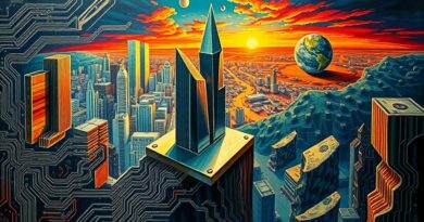 Skomplikowany obraz olejny: obwody, origami z dolarów, chip AI na tle futurystyczno-apokaliptycznym.