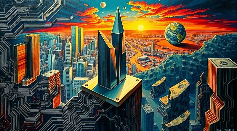 Skomplikowany obraz olejny: obwody, origami z dolarów, chip AI na tle futurystyczno-apokaliptycznym.