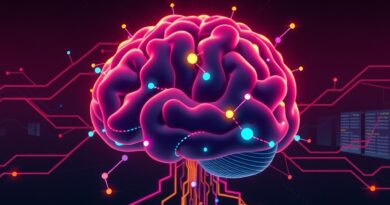 Stylizowany mózg z neonowych ścieżek, symbol adaptacji AI, na tle serwerowni. Glitch art.