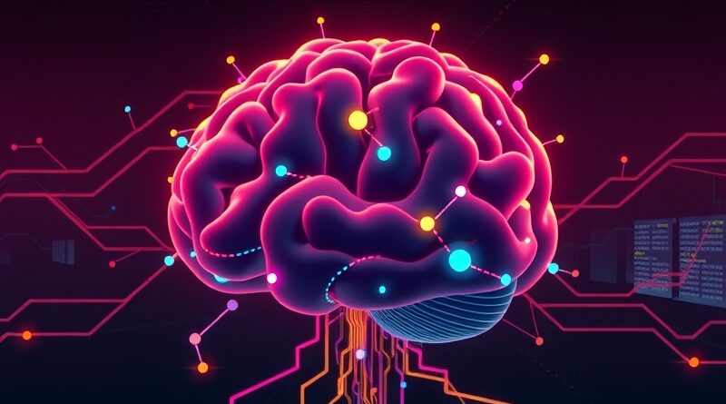 Stylizowany mózg z neonowych ścieżek, symbol adaptacji AI, na tle serwerowni. Glitch art.