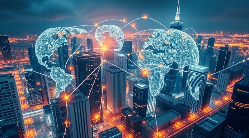 Futurystyczne miasto splecione siecią neuronową, symbolizuje AI w IT zarządzanym przez ludzi.