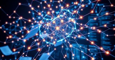 Skomplikowana, świecąca sieć neuronowa, dokumenty firmowe i strumienie danych symbolizujące "głębokie badania".