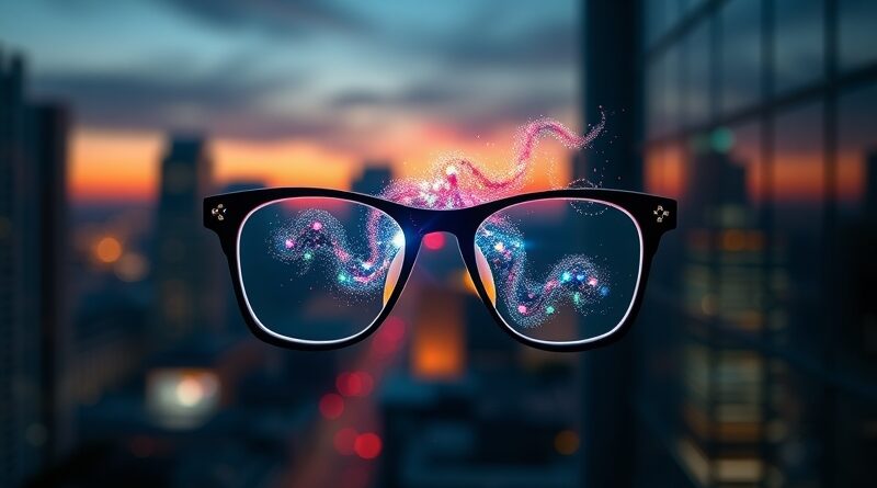 Świecący głos AI wydobywa się z minimalistycznych okularów na tle rozmytego miasta o zmierzchu.