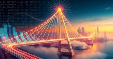 Eteryczny most z kodu łączy abstrakcyjny algorytm z nowoczesnym miastem, symbolizując automatyczne wdrożenia Shuttle.