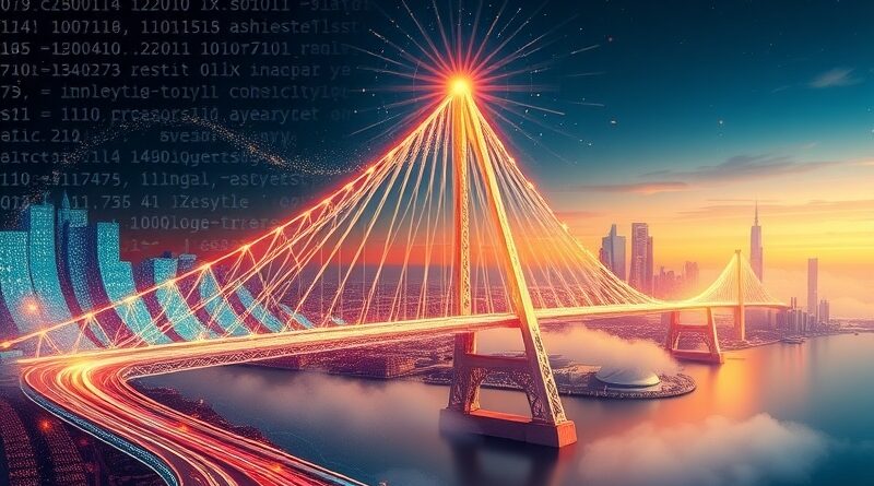 Eteryczny most z kodu łączy abstrakcyjny algorytm z nowoczesnym miastem, symbolizując automatyczne wdrożenia Shuttle.