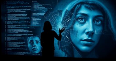 Sylwetka postaci sięga ku pękniętemu ekranowi z kodem i twarzami, symbolizując samotność i kryzys psychiczny po interakcji z AI.