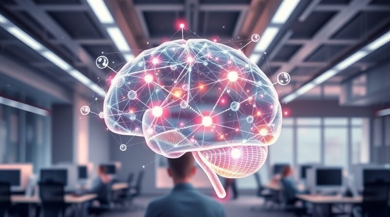 Świecąca sieć neuronowa w kształcie mózgu na tle futurystycznego biura, symbolizująca integrację AI w Slacku.