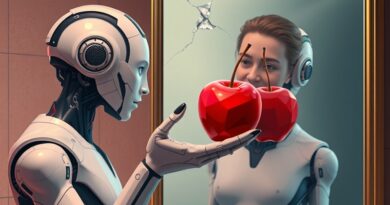 Humanoidalna AI oferuje kandyzowane jabłko odbiciu człowieka w pękniętym lustrze. Słodkie kłamstwa.