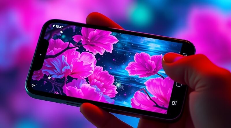 Smartfon wyświetlający surrealistyczny obraz wygenerowany przez AI. Scena wylewa się ze ekranu.