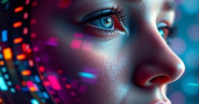 Twarz zintegrowana z cyfrową taśmą filmową, żywe kolory, surrealistyczne połączenie sztuki i technologii.