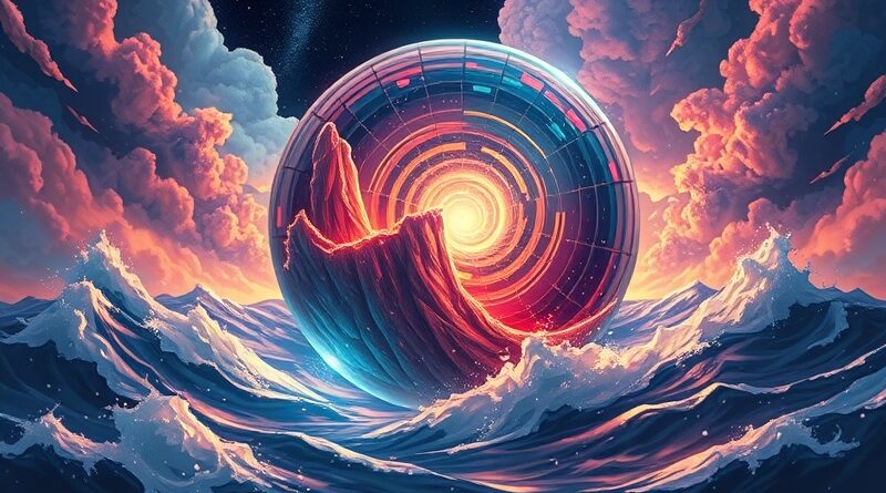 Rozszczepiona kryształowa kula pośród burzliwego morza, sceny nauki i social mediów. Utopie i dystopie.