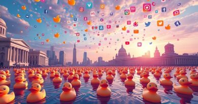 Iryzująca powódź gumowych kaczek zalewa pikselowe miasto i ikony social mediów. AI slop.
