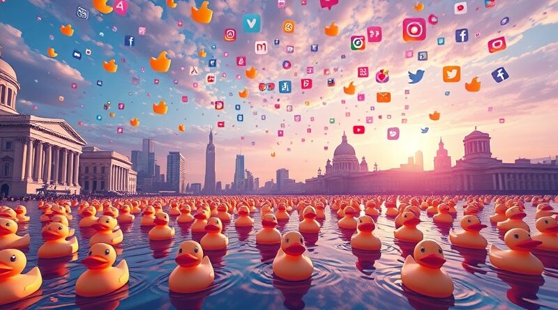 Iryzująca powódź gumowych kaczek zalewa pikselowe miasto i ikony social mediów. AI slop.