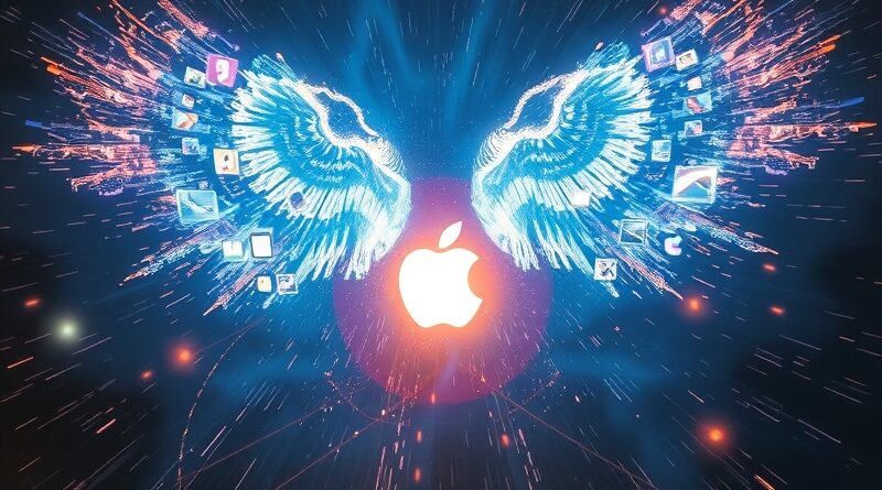 Anioł z kodu, skrzydła z ekranów, zstępuje ku logo Apple App Store.